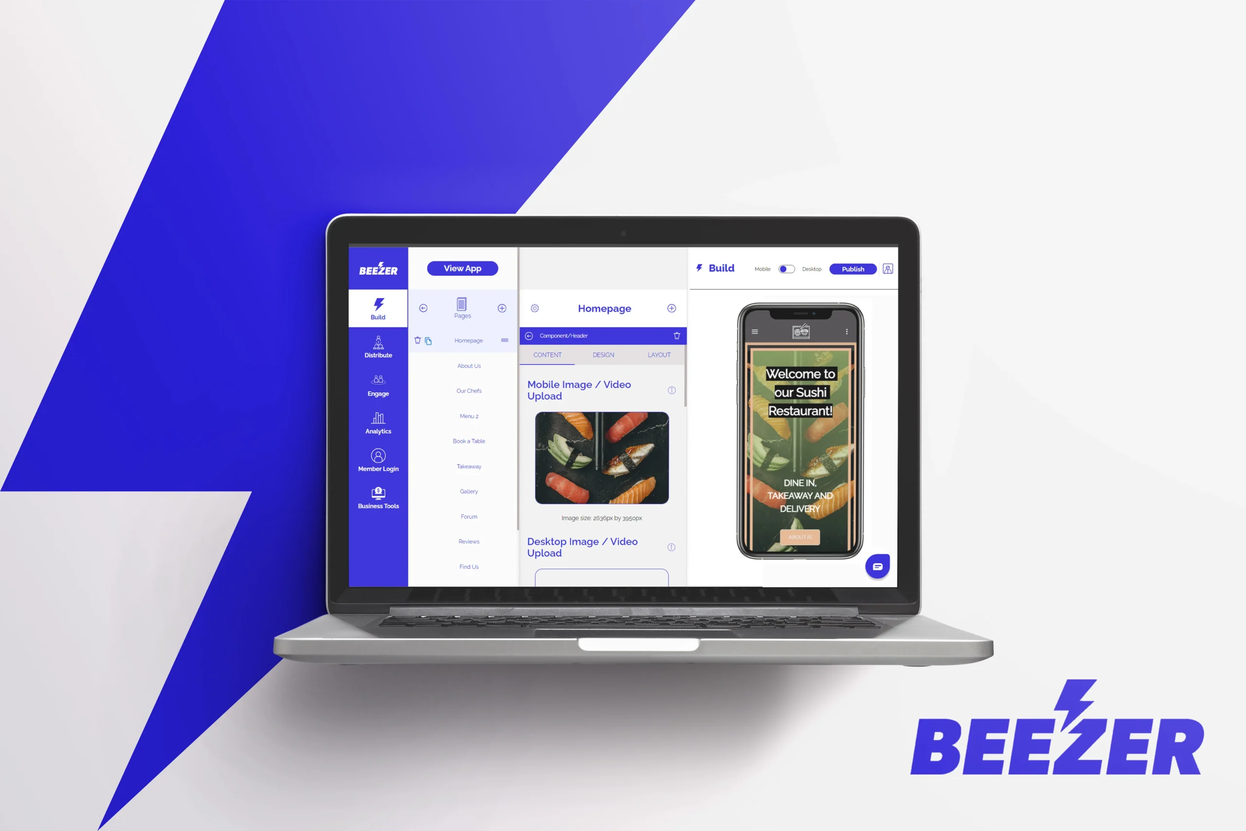 Beezer Sushi app centered feature of no code app builder
