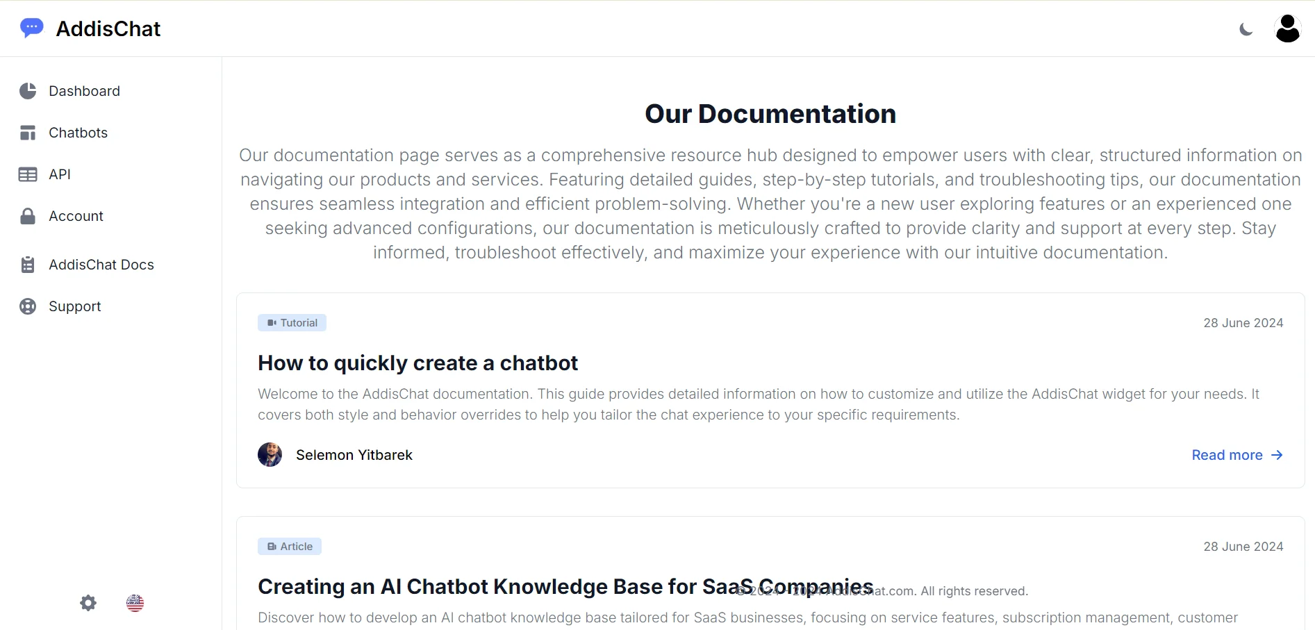 AddisChat Doccumentation ai chatbot builder