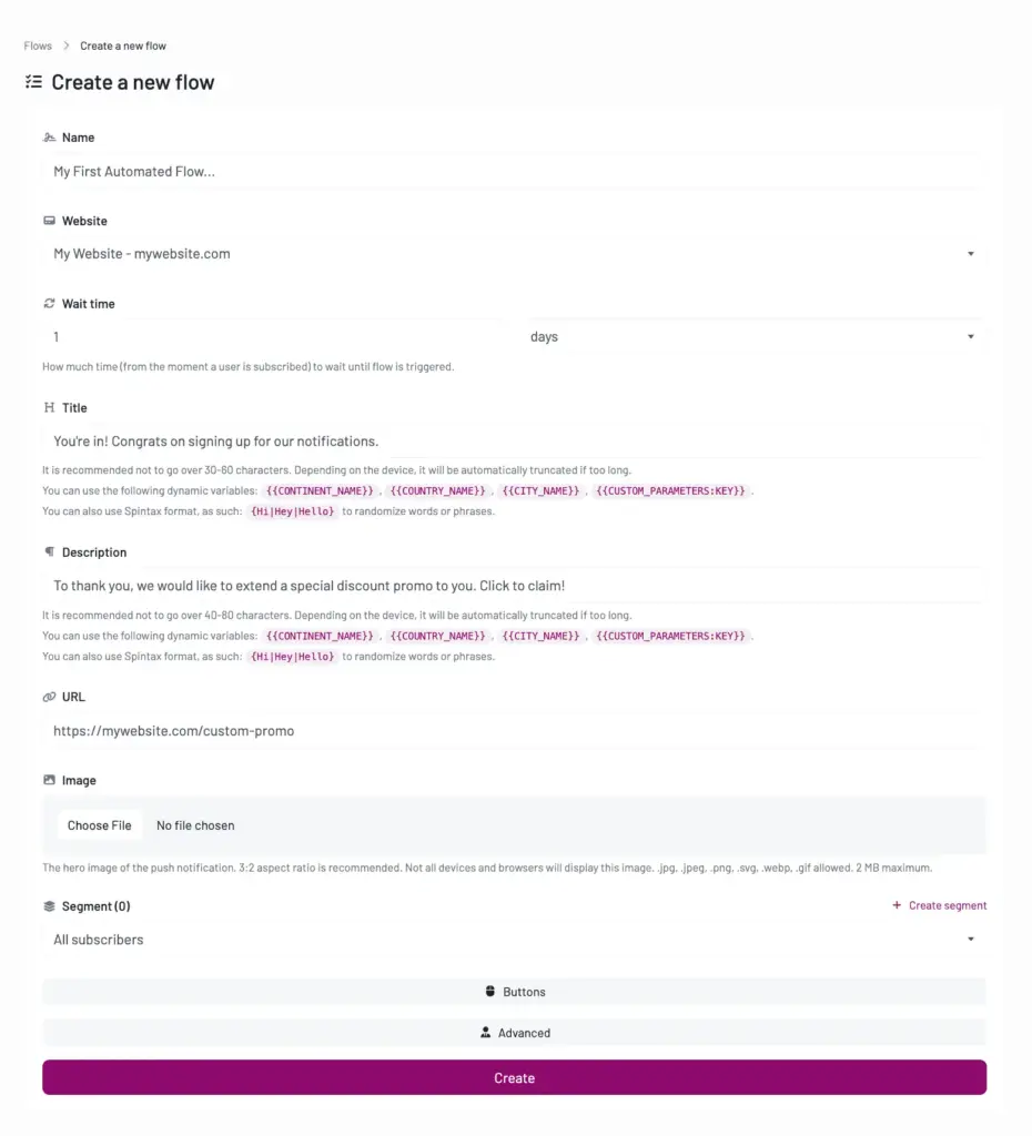 Contact Concert Web Push Notifications Tool Create a New Flow Feature