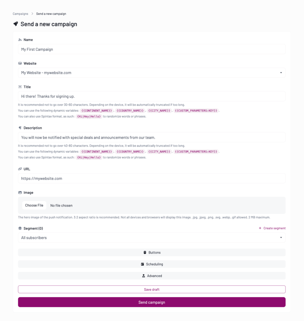 Contact Concert Web Push Notifications Tool Send a New Campaign feature