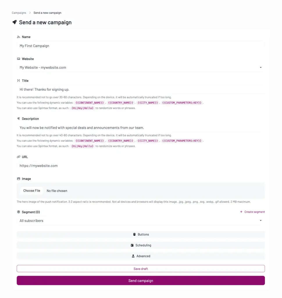 Contact Concert Web Push Notifications Tool Send a New Campaign feature