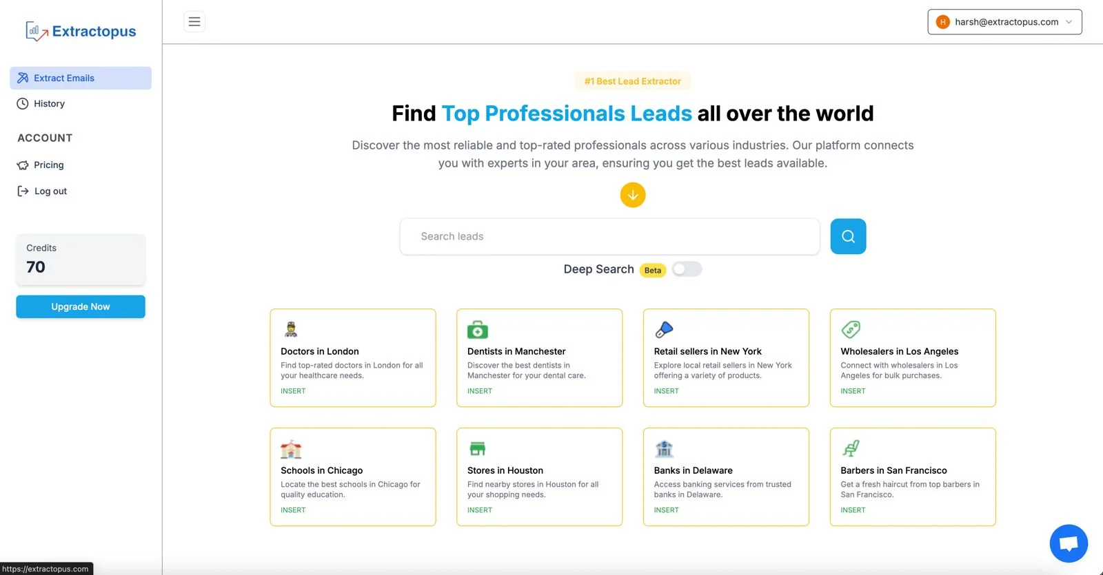 Extractopus Leads Extractor Dashboard UI