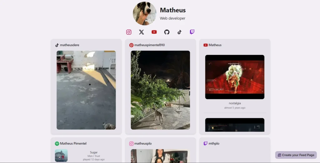 Feed Page Social Media Aggregator Dashboard UI