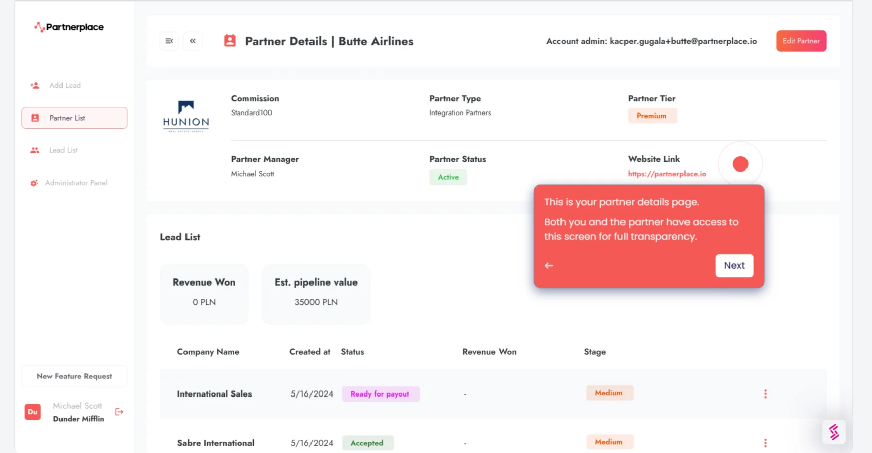Partners list feature from PartnerPlace Partnership Management tool