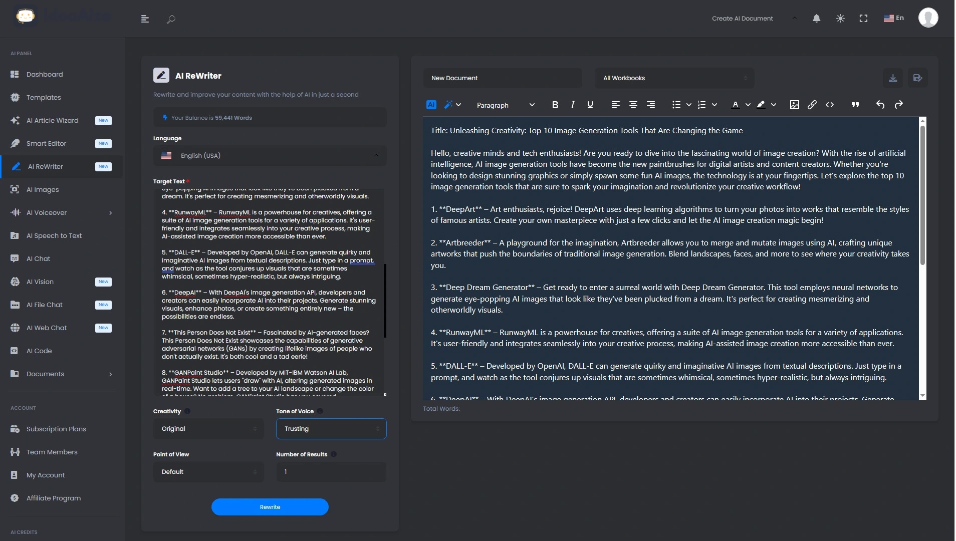 preview of User-Dashboard-AI-Rewriter