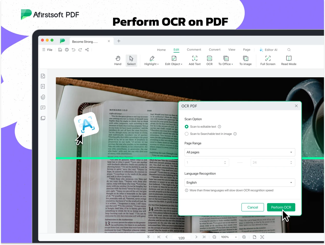 Perform OCR On PDF Feature of Afirstsoft PDF