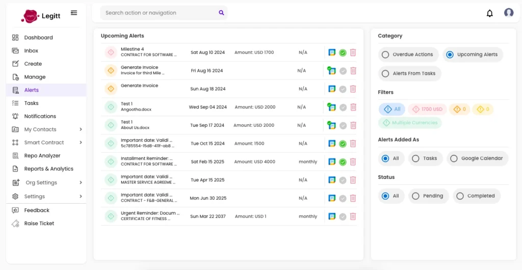 Legitt AI Lite - Contract Lifecycle Management Tool Alerts pipeline preview