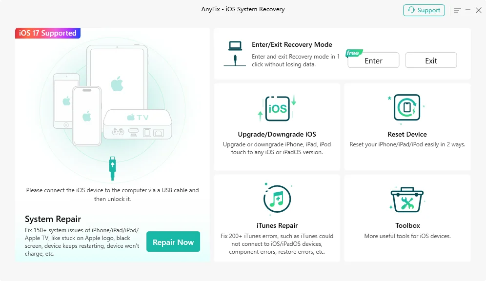 Preview of AnyFix – iOS System Repair and Recovery software Dashboard