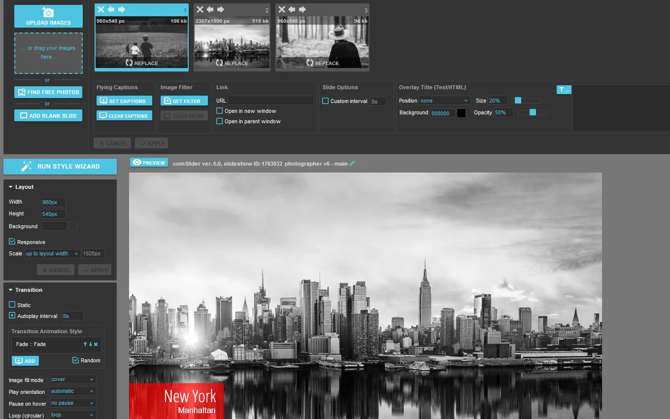 ComSlider Interface to style photos in an Online Slideshow maker
