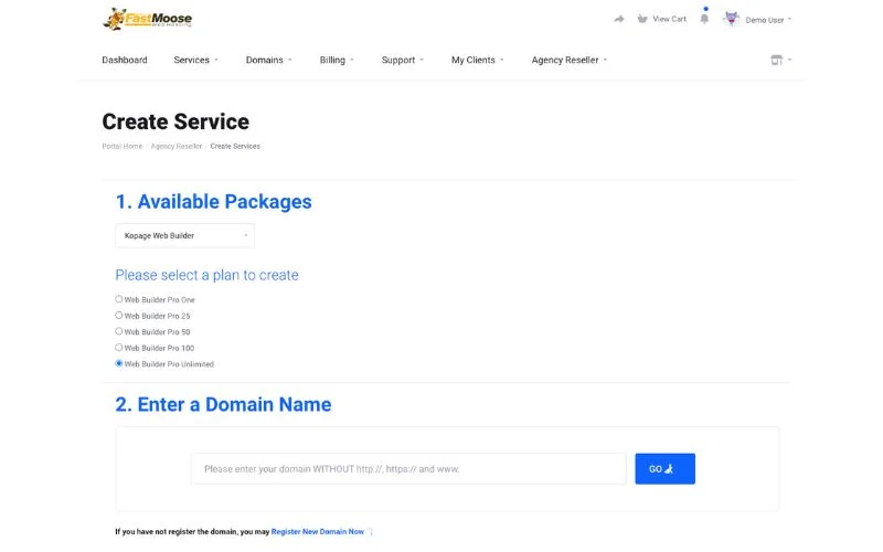 FastMoose Create Service Reseller Hosting Feature