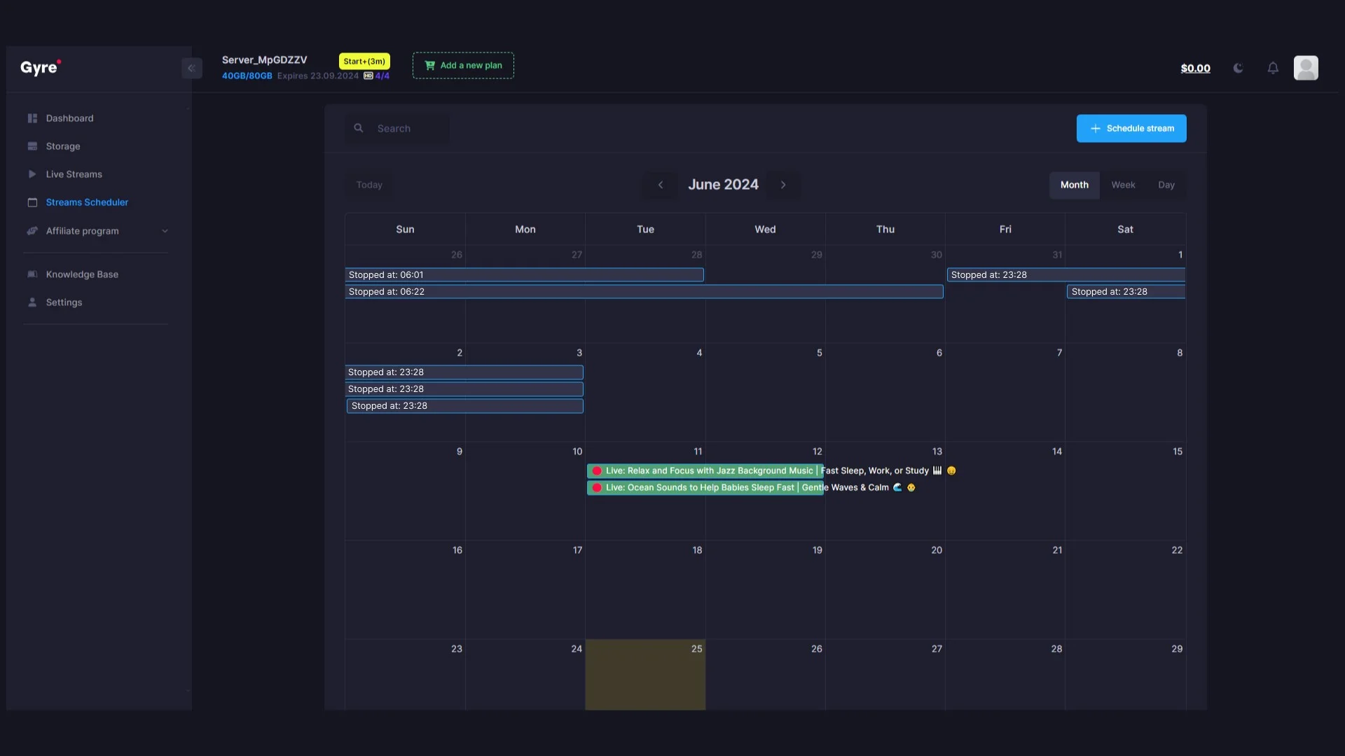 Gyre Live Streaming Platform Calendar
