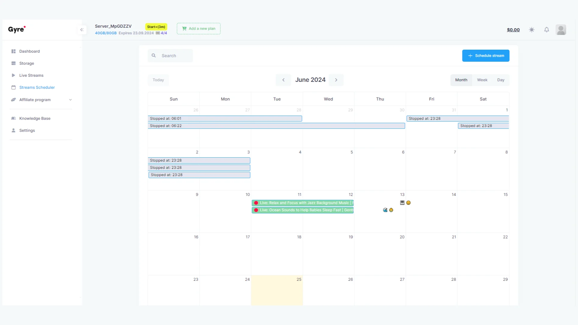 Gyre Continuous Live Streaming Platform Dashboard User Interface