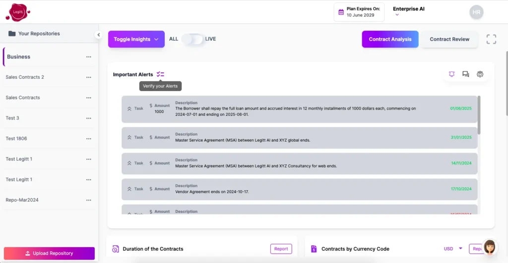 Repo Analyzer - Contract Analysis software - Alerts menu