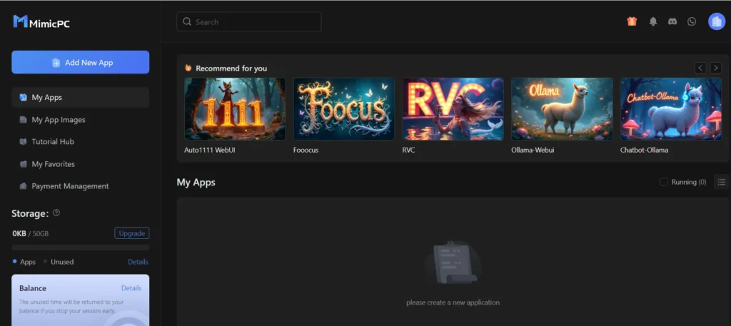 My Apps tab of MimicPC All-in-one AI generator displaying all the apps used by the user