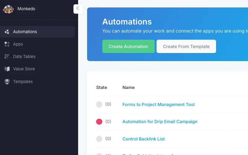 Monkedo Automation feature of No Code Automation Tool