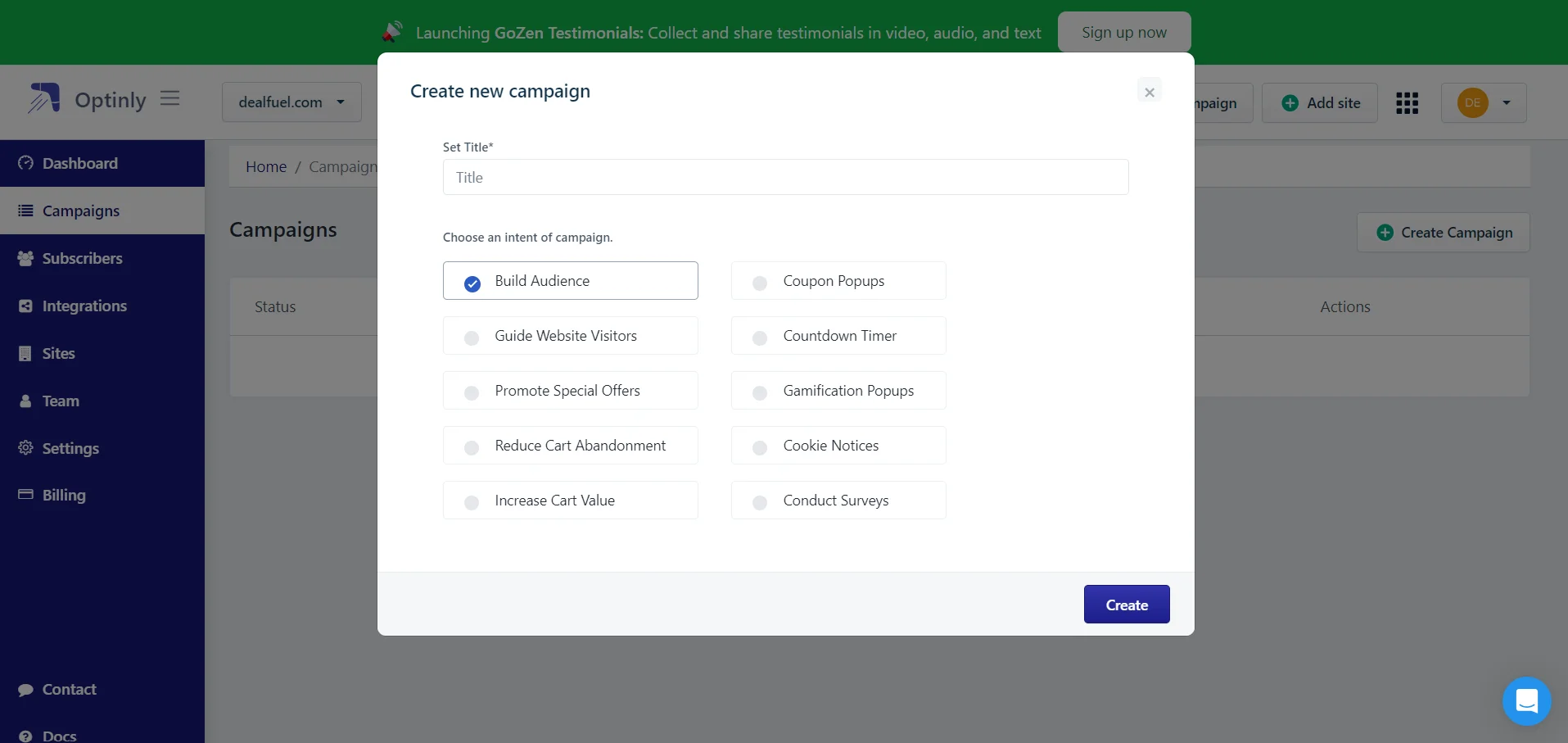 Optinly Create new campaign feature of popup builder
