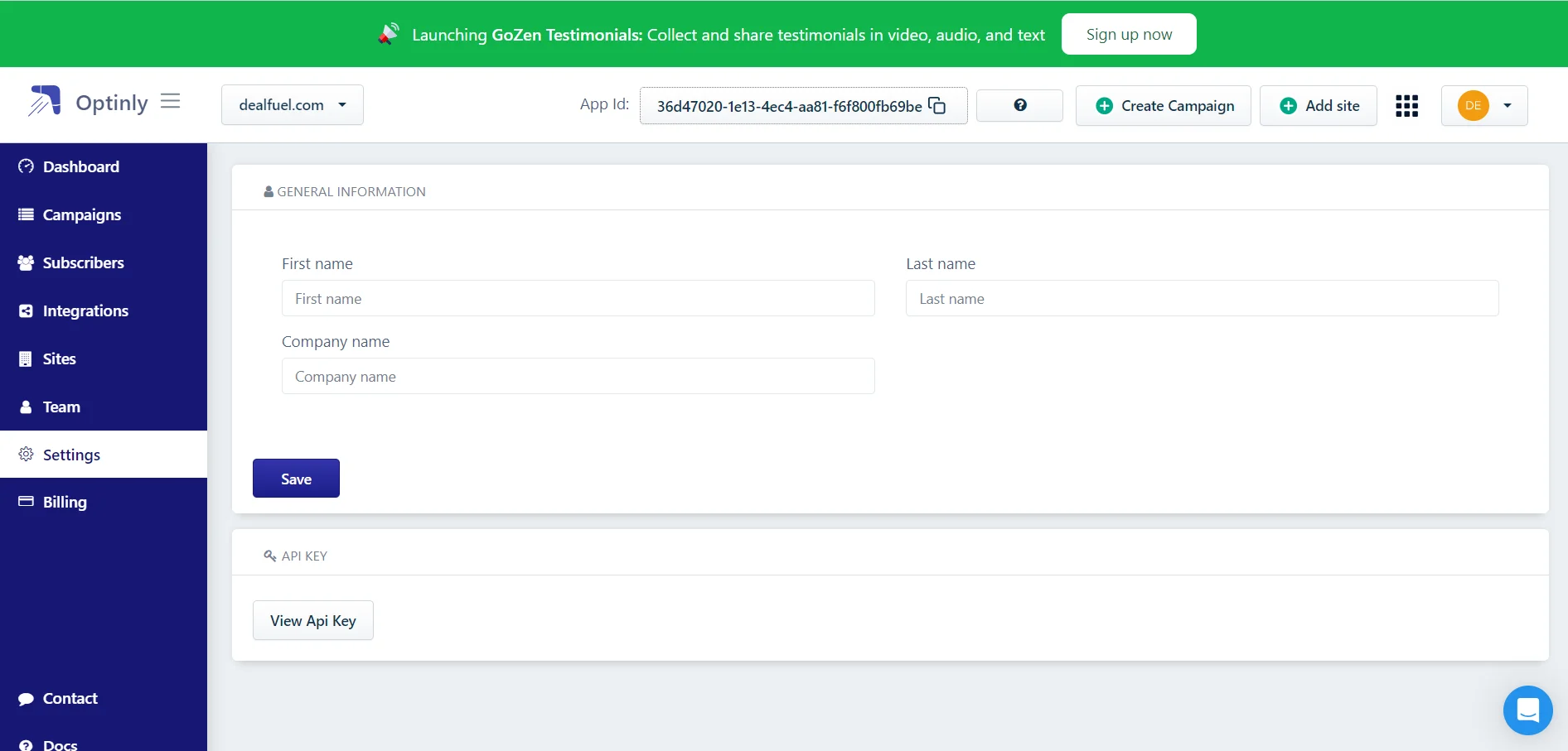 Dashboard Setings of Optinly Website popup builder