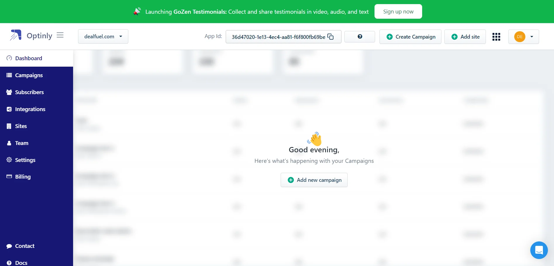 Dashboard UI of Optinly Website Popup Creator
