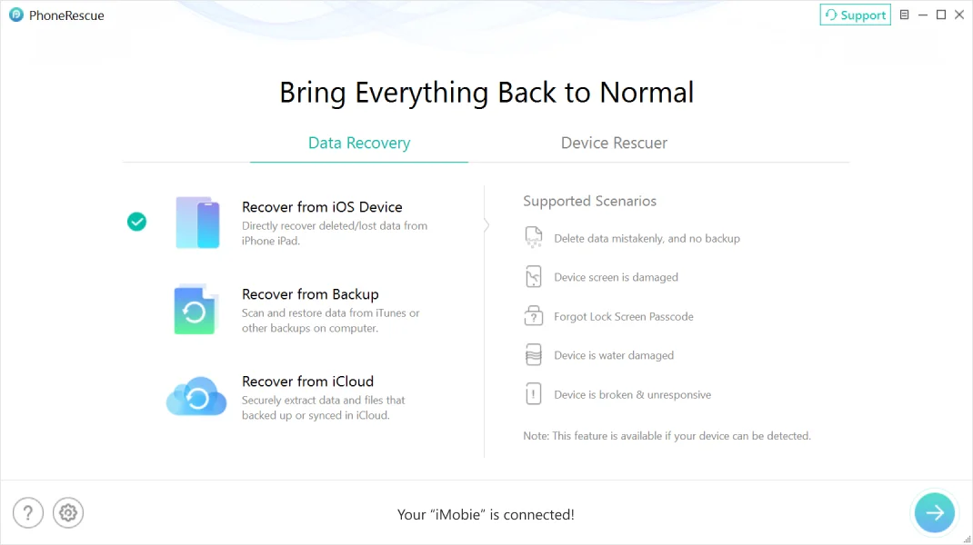 PhoneRescue iOS Data Recovery Software Feature UI. phonerescue for ios