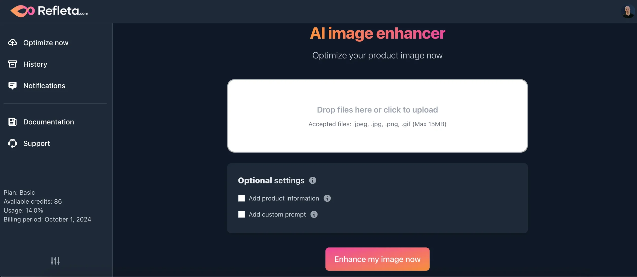 Refleta AI Image enhancer Dashboard UI