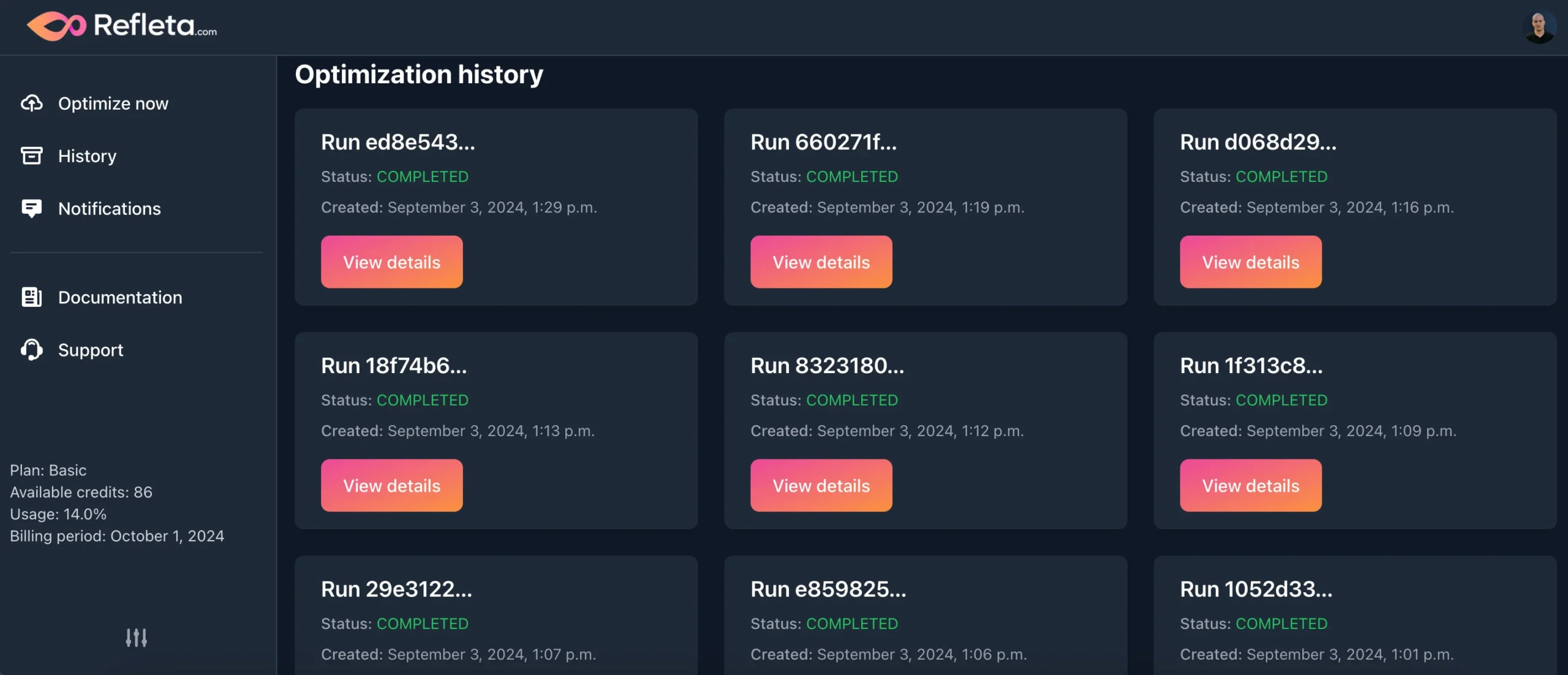 Refleta image optimization history