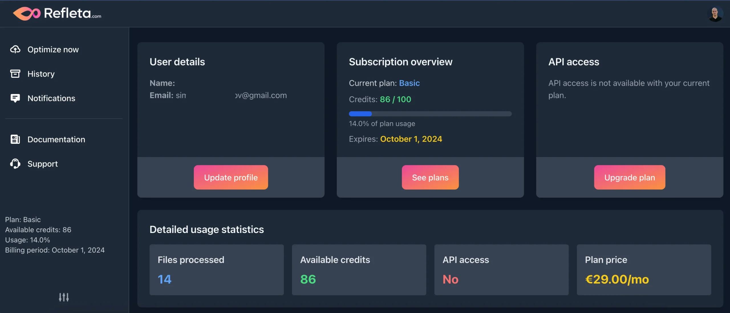 Refleta Usage Statistics Featureof AI Photo enhancer