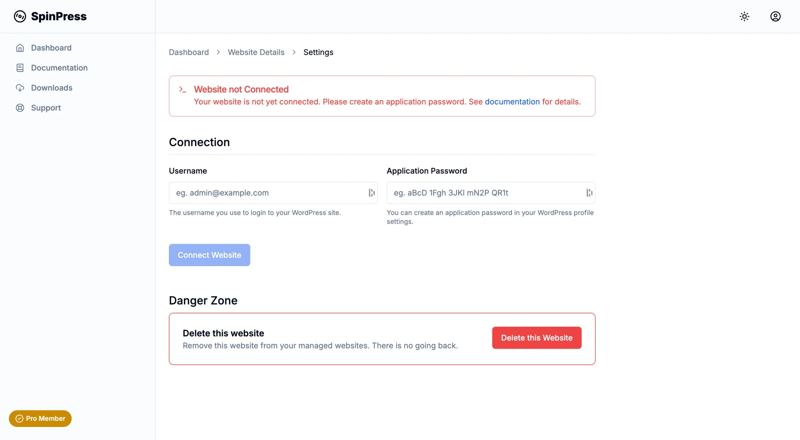 SpinPress Dashboard Settings UI