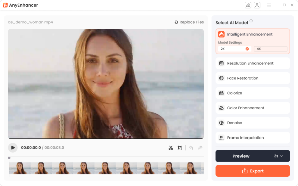 AnyEnhancer - AI Video Enhancer Tool displaying video editing features