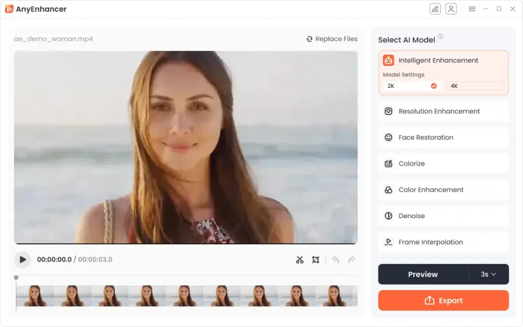 AnyEnhancer - AI Video Enhancer Tool displaying video editing features
