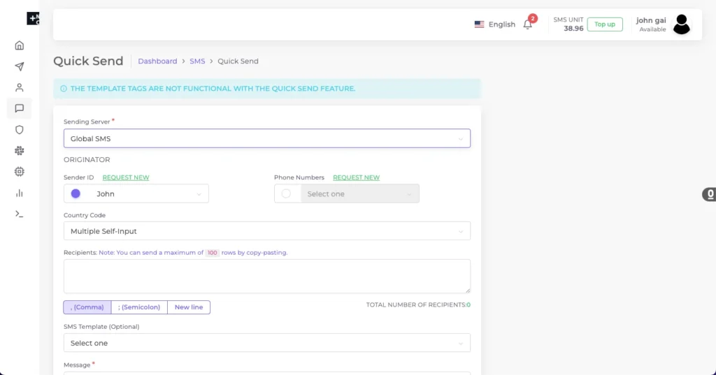 Netcapz - AI SMS Marketing Platform - quick send feature