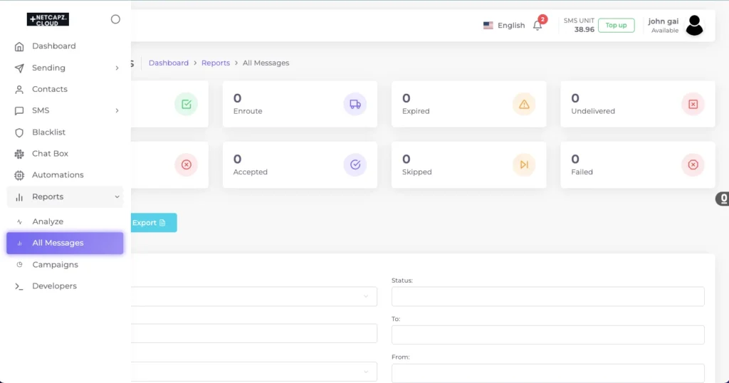 Netcapz - AI SMS Marketing Platform - Report menu