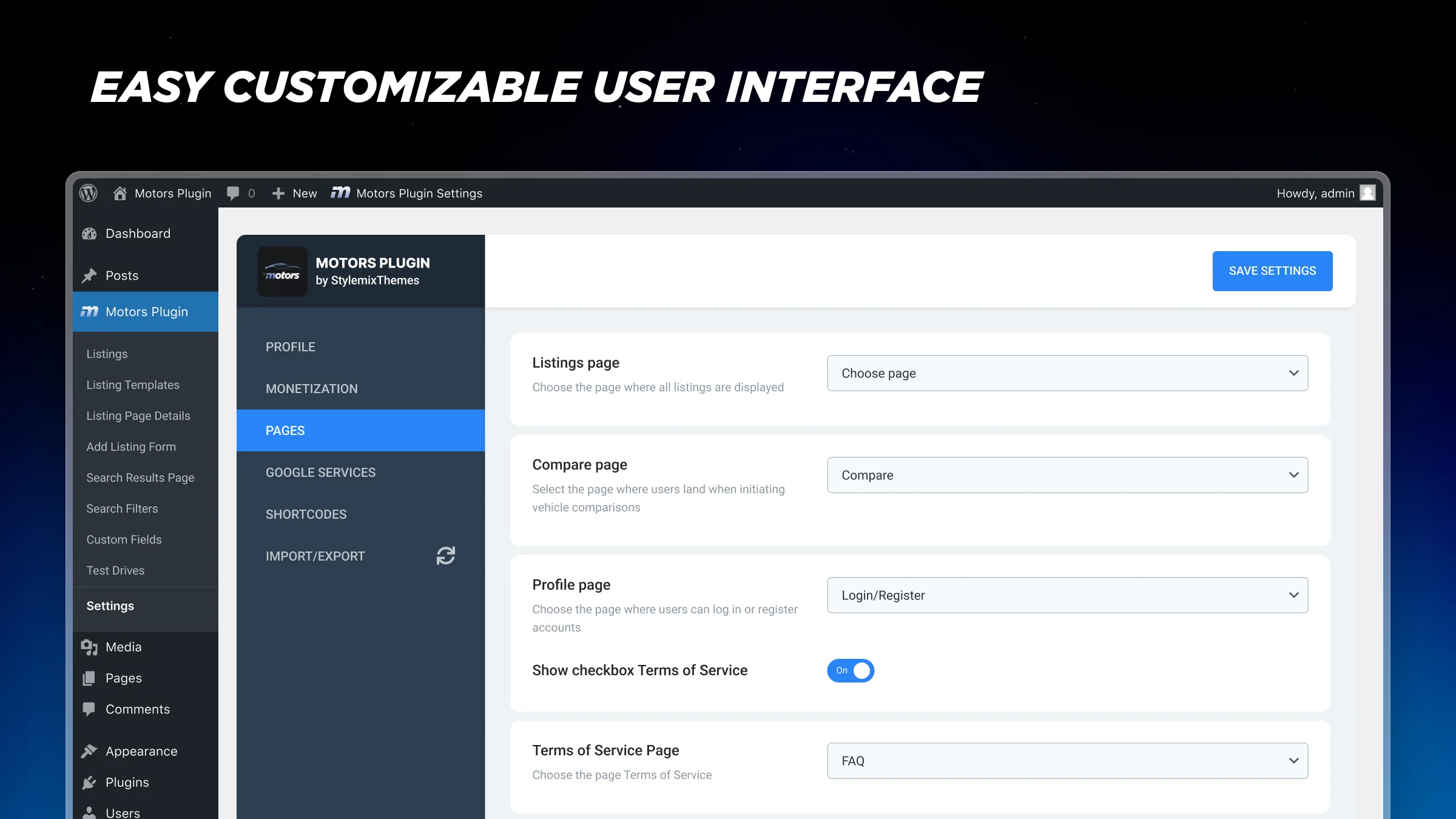 Customizable user interface of auto listings plugin
