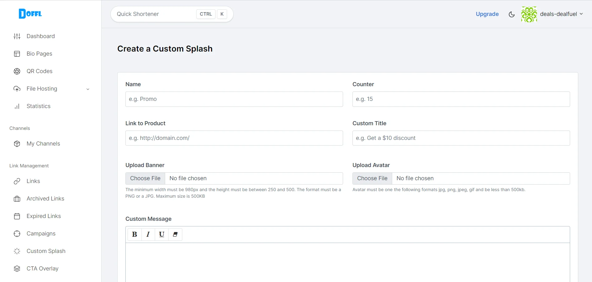 Create a custom splash using Doffl - Business management tools suite