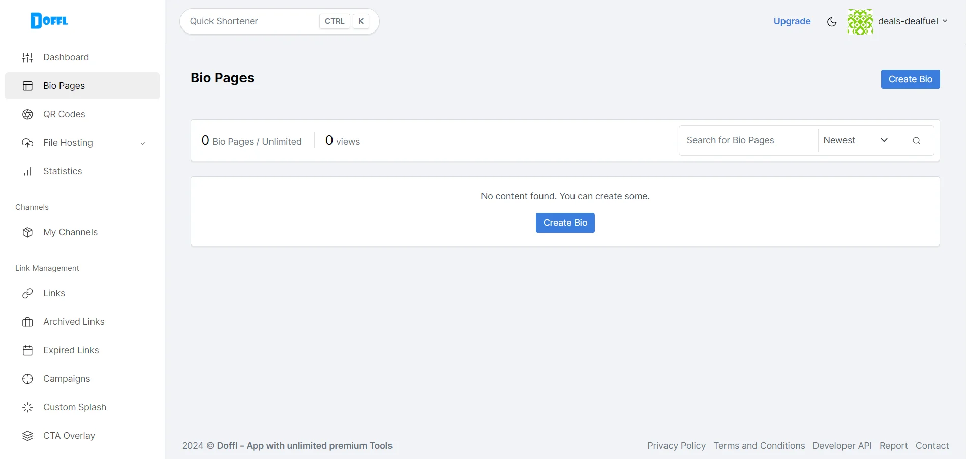 Create Bio Pages functionality of Doffl Business management Tools Suite