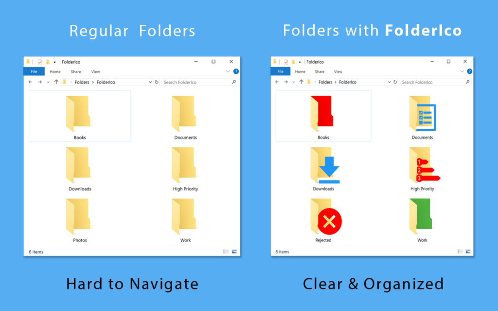 Comparison of regular folders and folders with folderico.