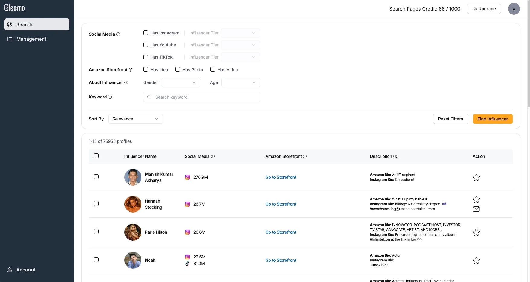 Gleemo Amazon Influencer Marketing Platform Dashboard UI