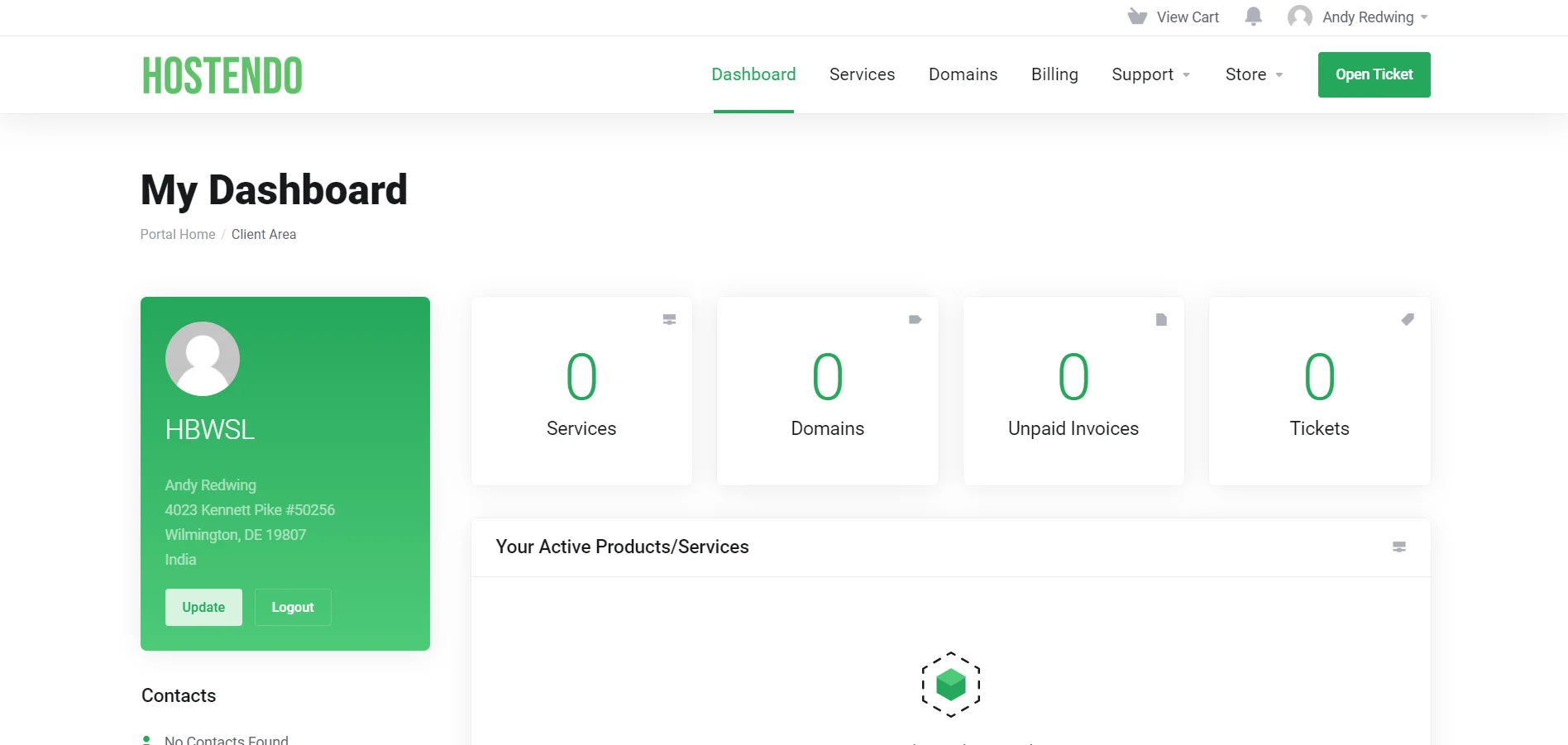 Hostendo Dashboard UI of website hosting for small business