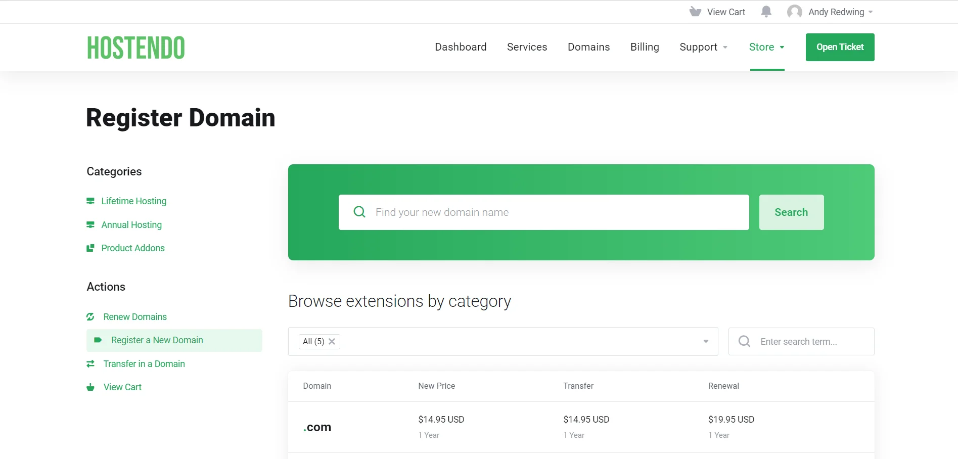 Hostendo Website Hosting for small business feature to register a new domain