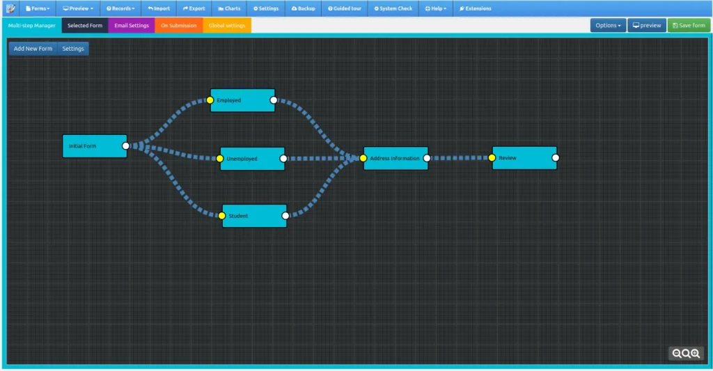Multi Step Manager user interface of Zegaform - PHP Form Builder