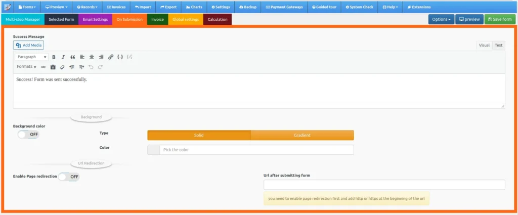 On submission user interface of PHP cost estimation Form Builder