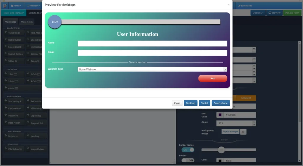 Selected form user interface of PHP cost estimation Software