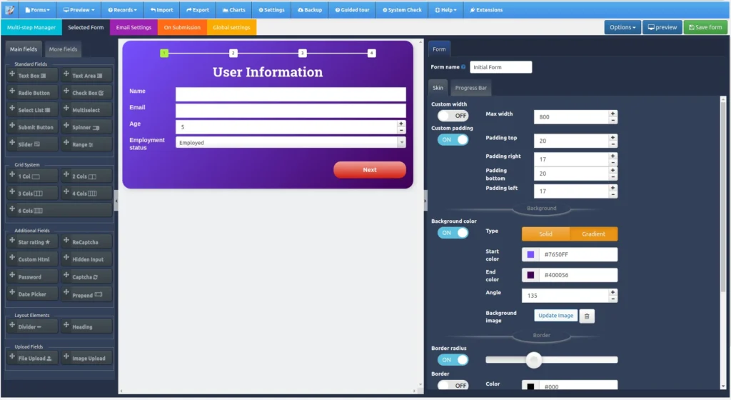 Selected Form user interface of this PHP form builder