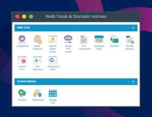 WPHoster WordPress Hosting Dashboard UI Showcasing Web Tools and Domain Names