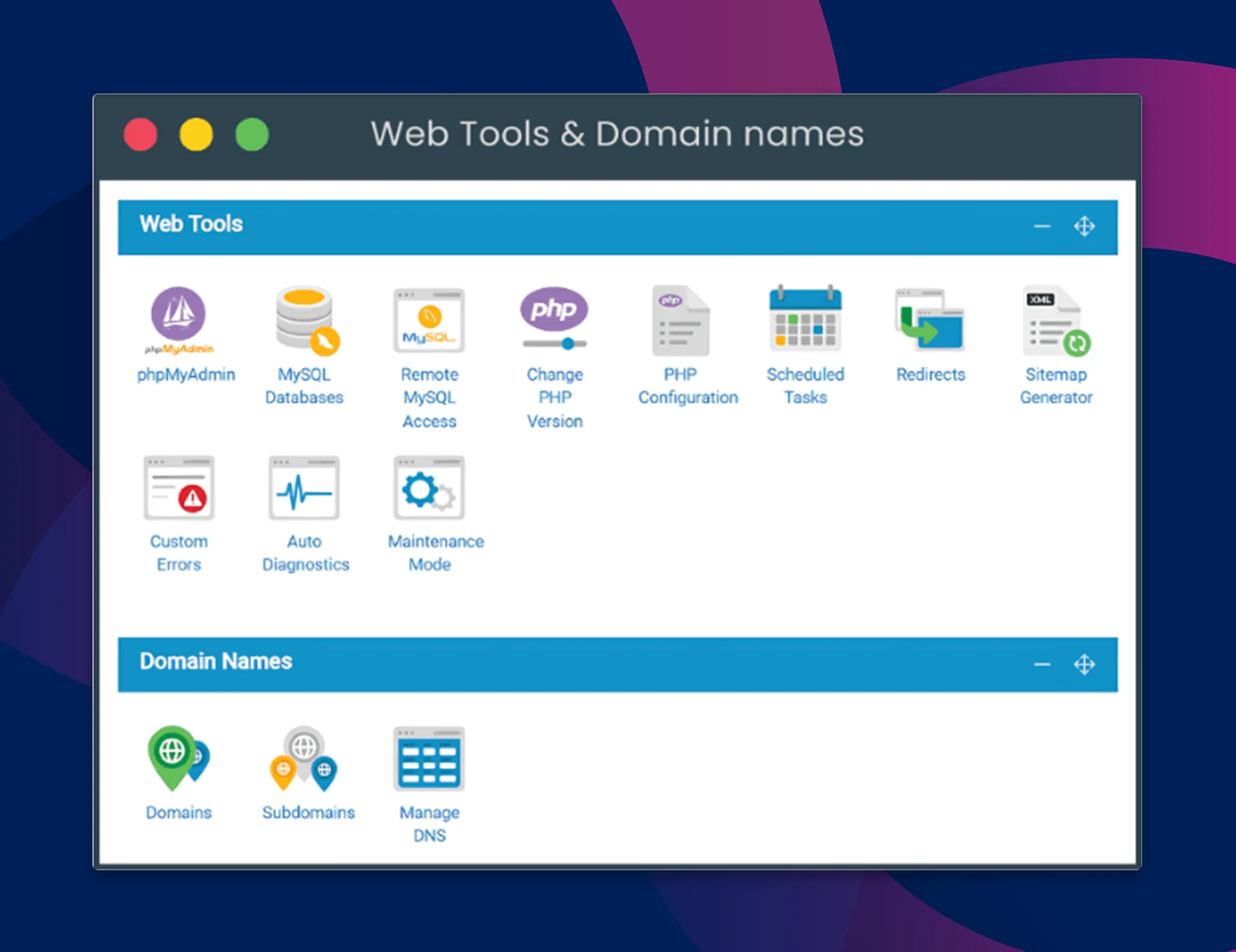 WPHoster WordPress Hosting Dashboard UI Showcasing Web Tools and Domain Names