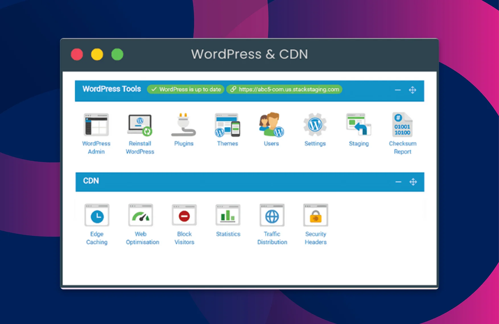 WPHoster WordPress Hosting Dashboard UI Showcasing CDN