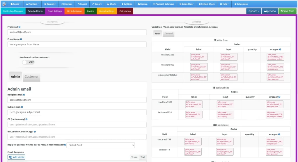 Email Settings user interface of PHP cost estimation Form Builder
