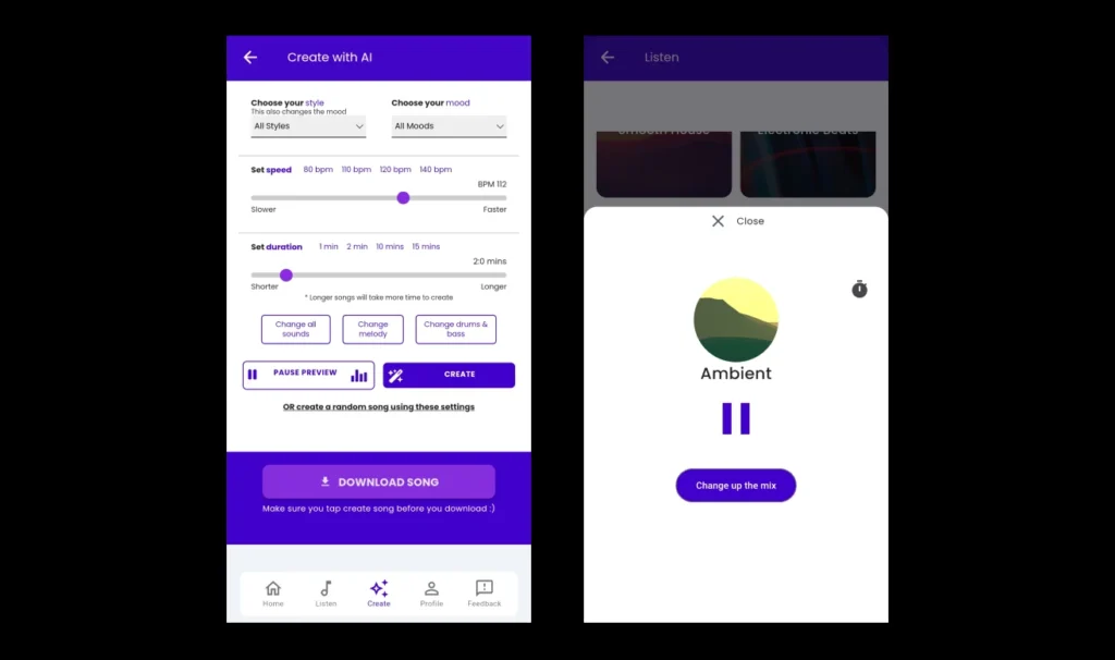 Create live music with AI trained by humans feature UI