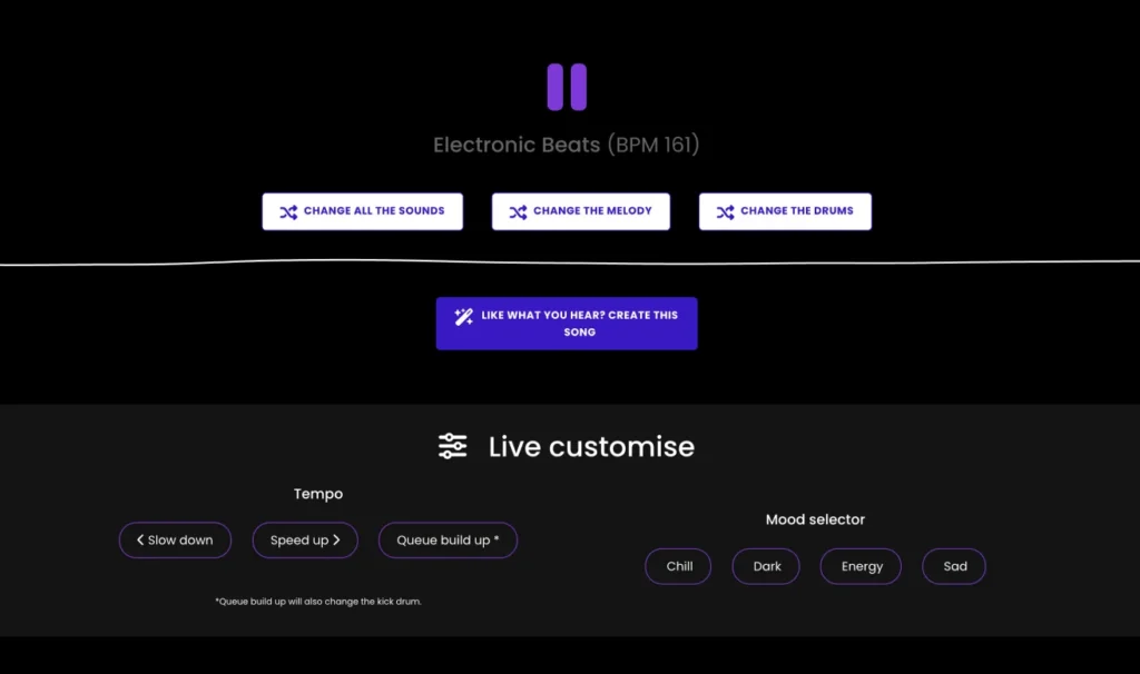 Live music customization UI of Larnii - AI Music Creator