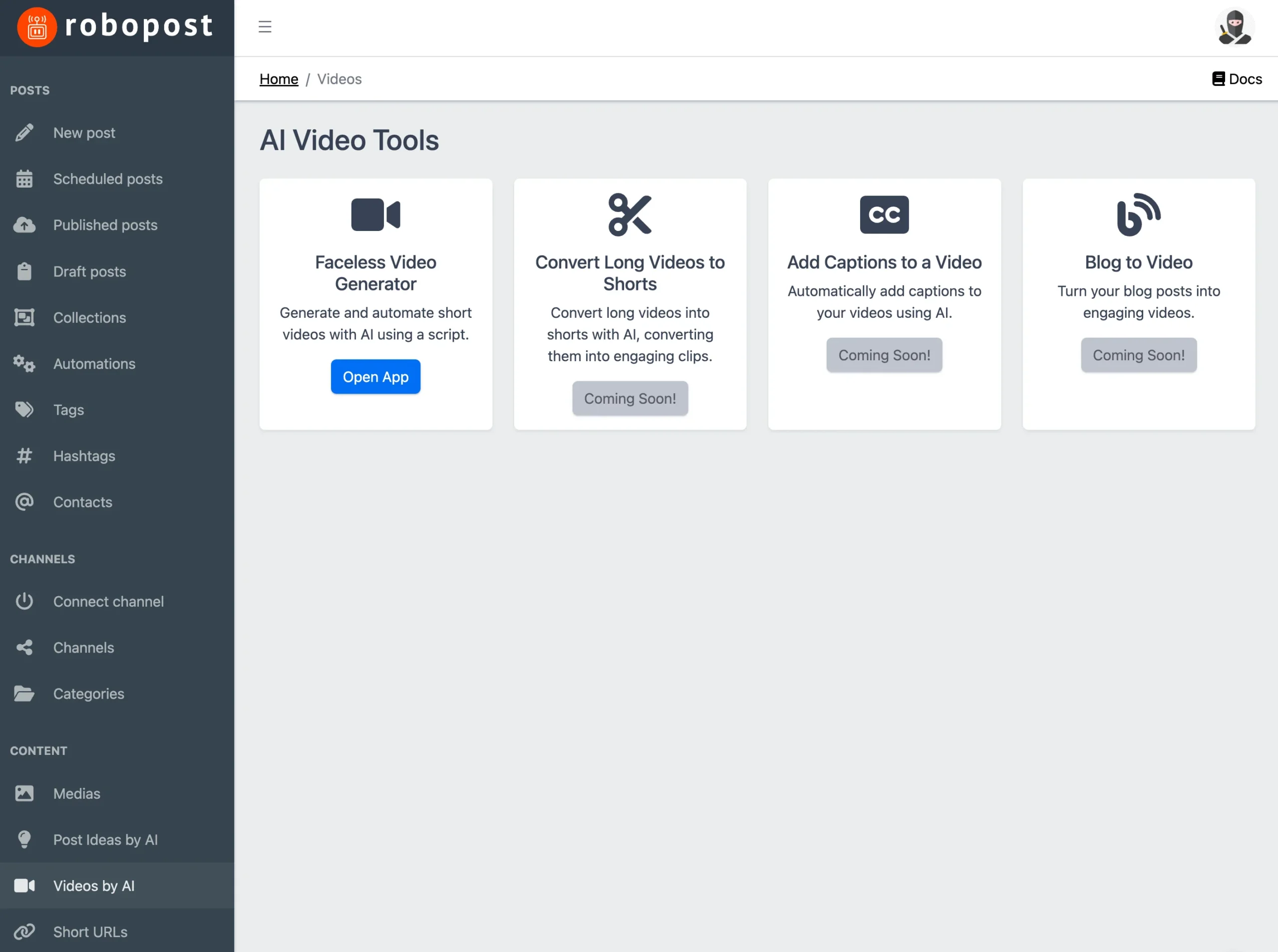 Robopost - Manage Social Media Accounts AI Video Tools Feature
