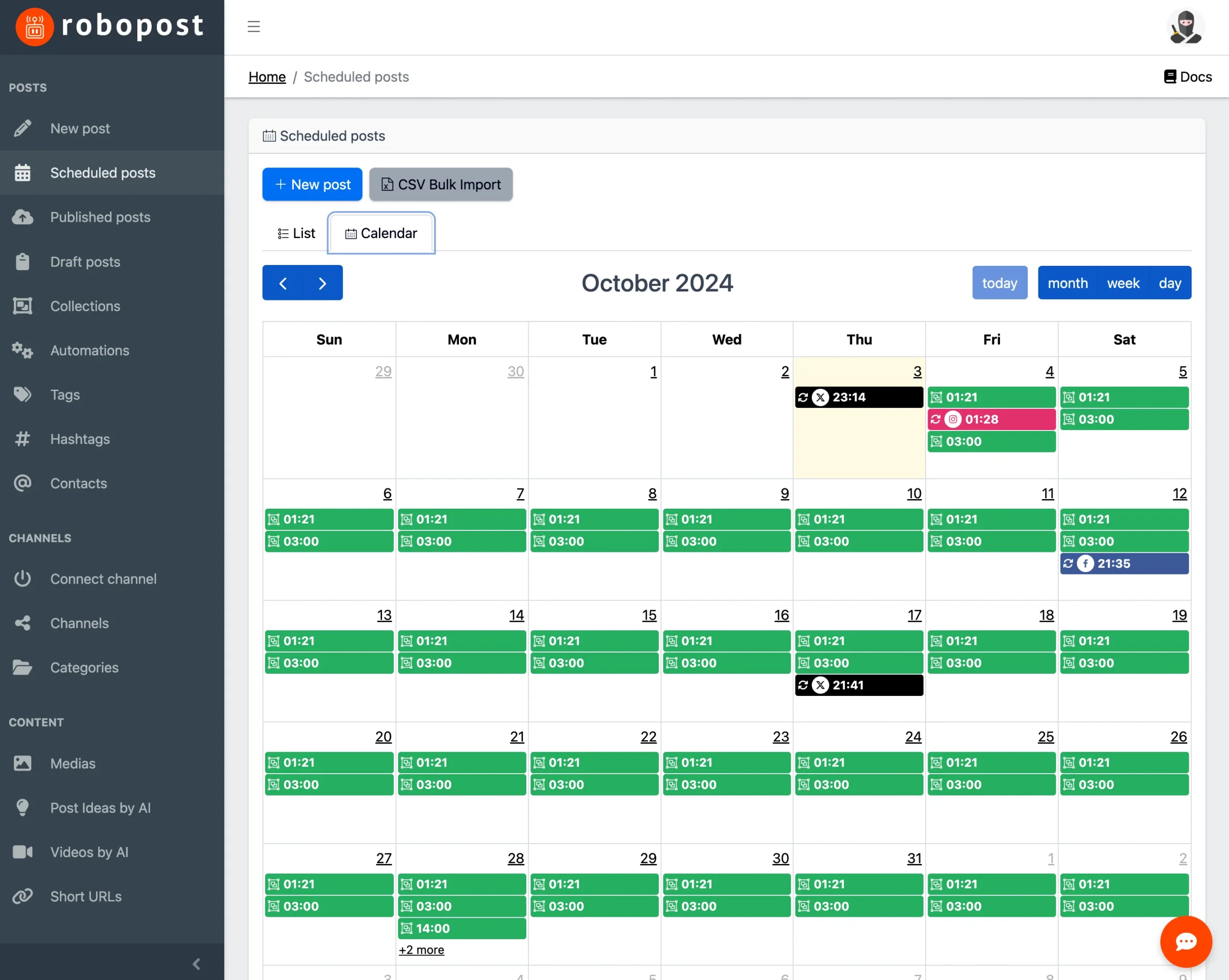Robopost Calendar View Feature to manage social media accounts